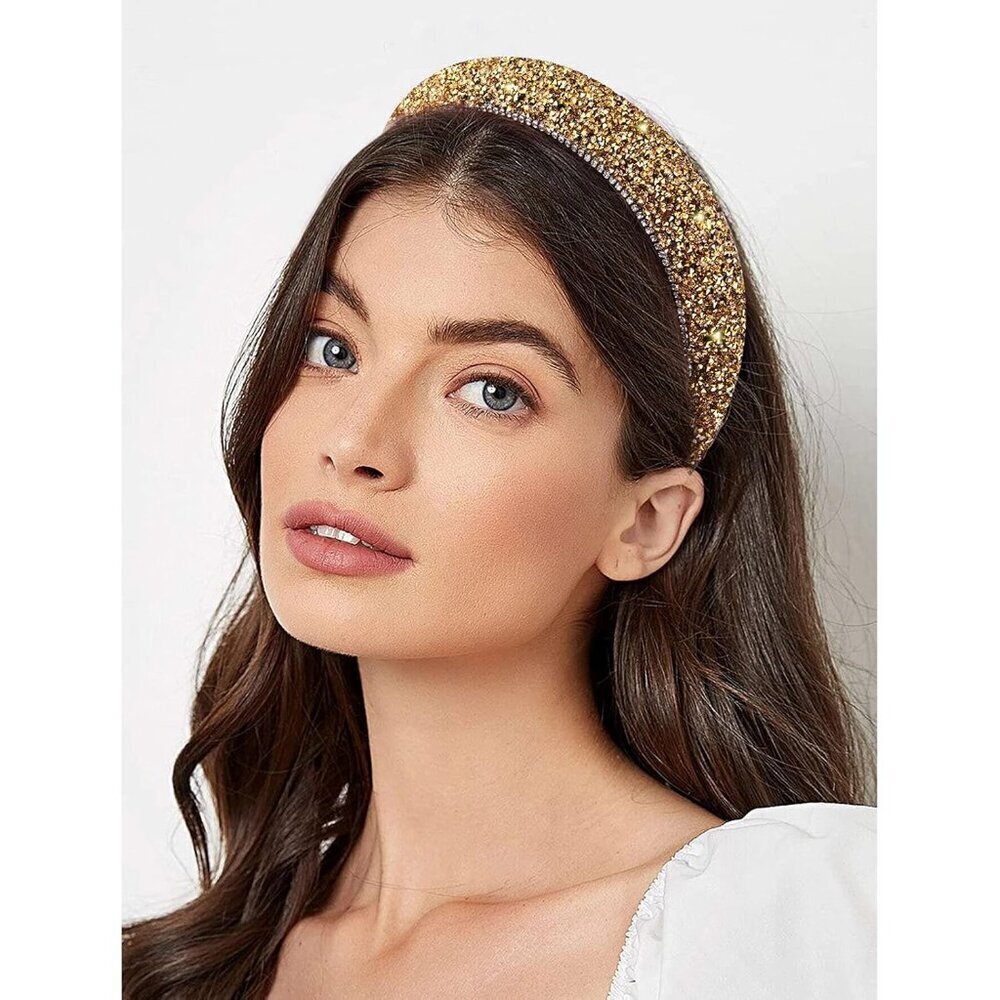 Yellow Gold Rhinestone Headband Padded Bling Sparkle Hair Accessory for Women